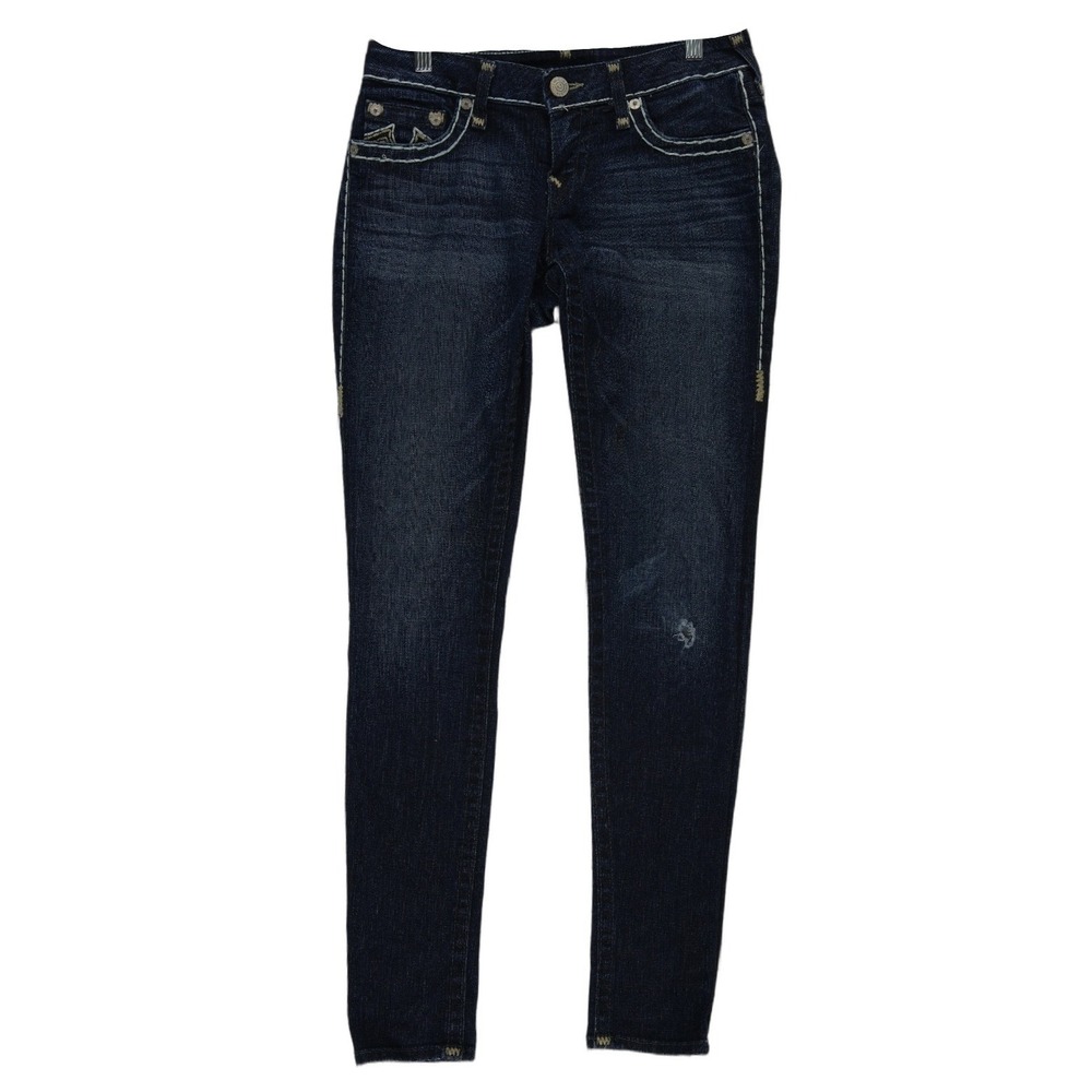 True Religion Stella Skinny Jeans Women's Size 27 Dark Blue Big T Contrast